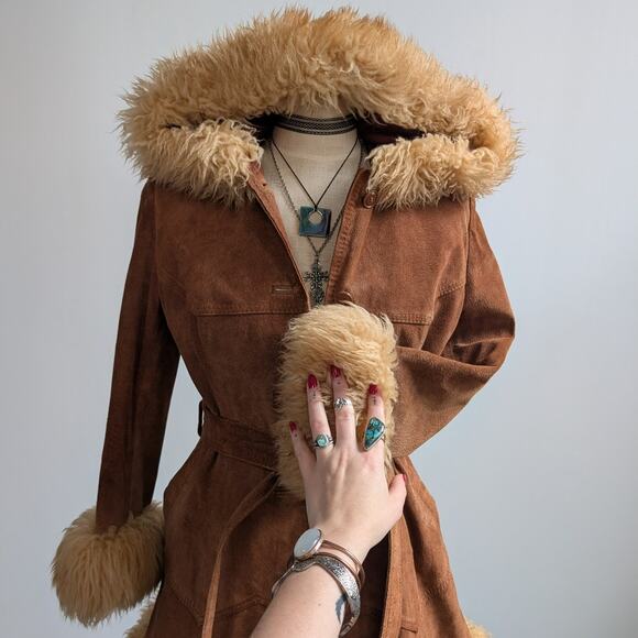 Vintage Brown Suede Coat Penny Lane Jacket Leather Trench Fur Coat Afghan Small - Picture 8 of 15